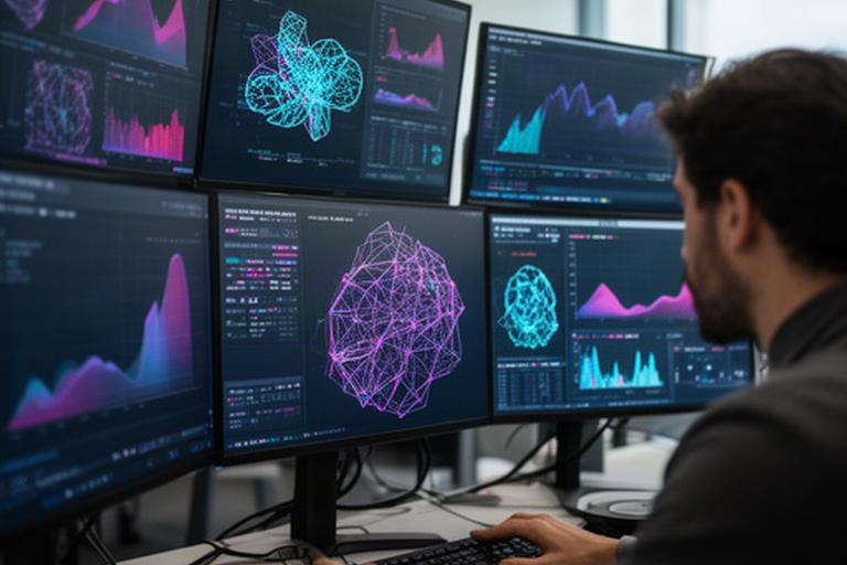 Analyst studying artificial intelligence data models on multiple financial screens