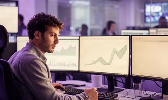 Analyst reviewing AI data models on multiple monitors in a modern newsroom