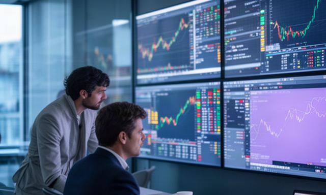 Financial editors studying market charts on a wall of screens during the morning session