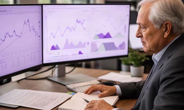 Senior financial editor reviewing market charts at a Laredo newsroom desk