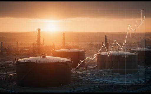Energy commodities chart beside oil storage tanks at sunset