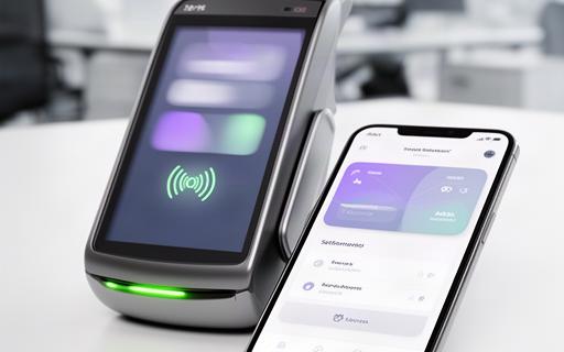 Fintech payment terminal and mobile finance dashboard in a modern office