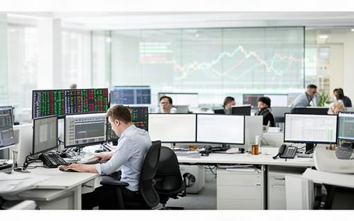 Stock exchange analyst watching market opening data in a bright newsroom