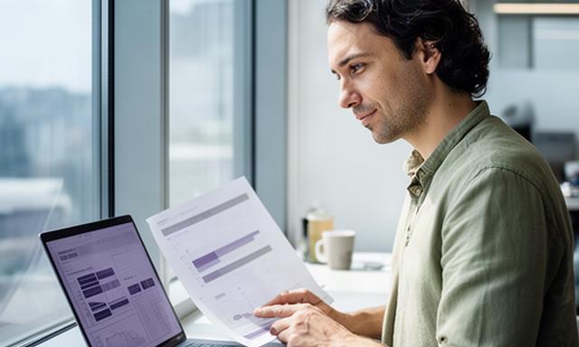 Technology journalist studying an AI data analysis report beside a window